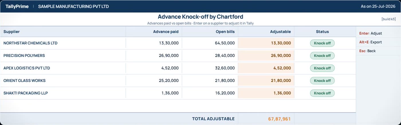 Advance knock-off finder listing advances paid against open supplier bills